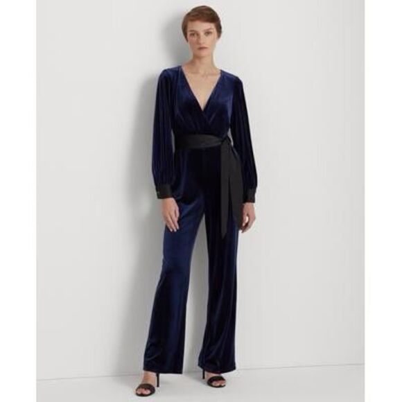 Lauren Ralph Lauren Womens Velvet Surplice Jumpsuit Size 18 - Picture 1 of 3